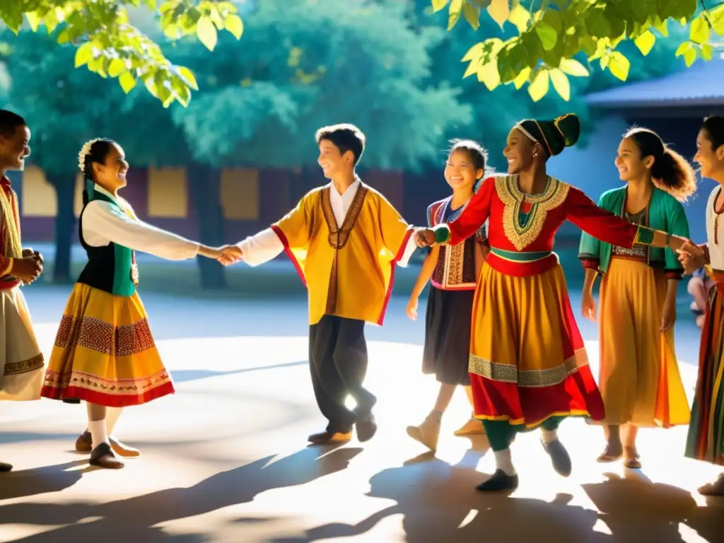 Un grupo de estudiantes practica danzas tradicionales de diferentes culturas, uniendo sus manos y sonriendo bajo la luz del sol entre los árboles