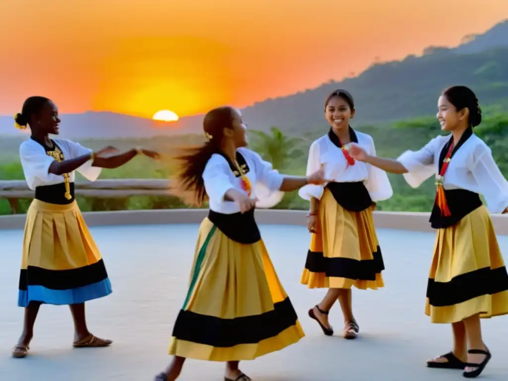 Un grupo de estudiantes practica danzas tradicionales al atardecer, guiados por un instructor apasionado