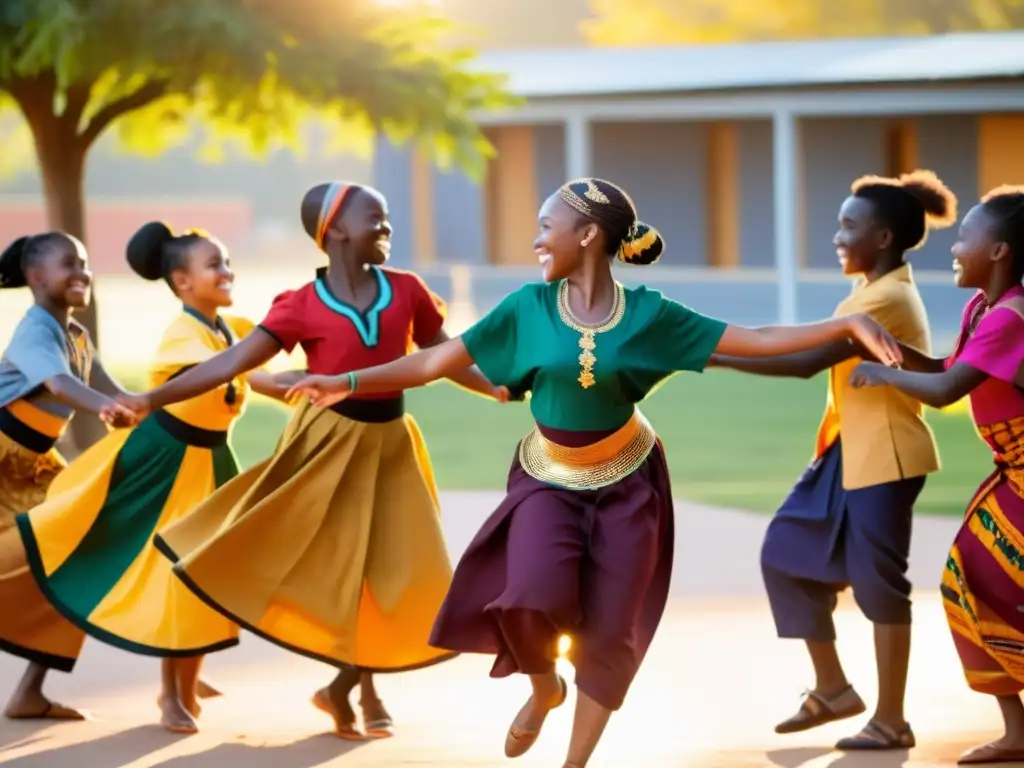 Un grupo de jóvenes estudiantes bailando con entusiasmo en trajes tradicionales africanos bajo la cálida luz del sol