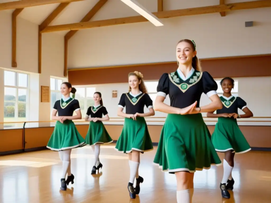 Un grupo de estudiantes entusiastas practican danzas irlandesas en un estudio espacioso y soleado, inmersos en la rica tradición de esta arte