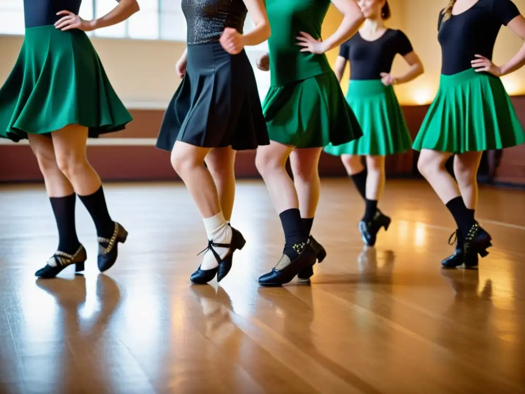 Grupo de estudiantes en estudio de danza, practicando Irish Step Dance con precisión y pasión