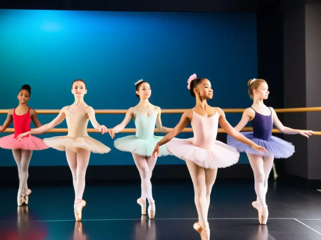 Elegancia en el estudio virtual de ballet Un grupo de estudiantes de ballet practica con gracia en una plataforma educativa para maestros de danza en línea, guiados por un instructor elegante
