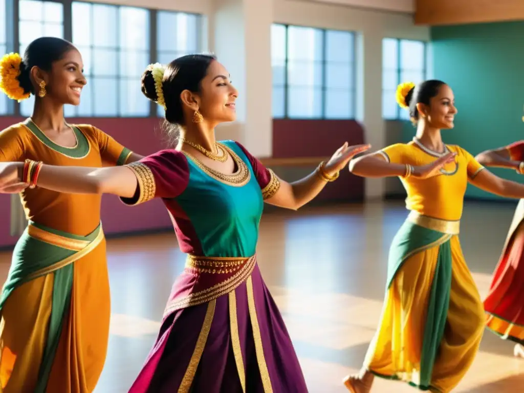 Un grupo de estudiantes realiza gráciles movimientos de danza clásica de la India en un estudio iluminado por el sol