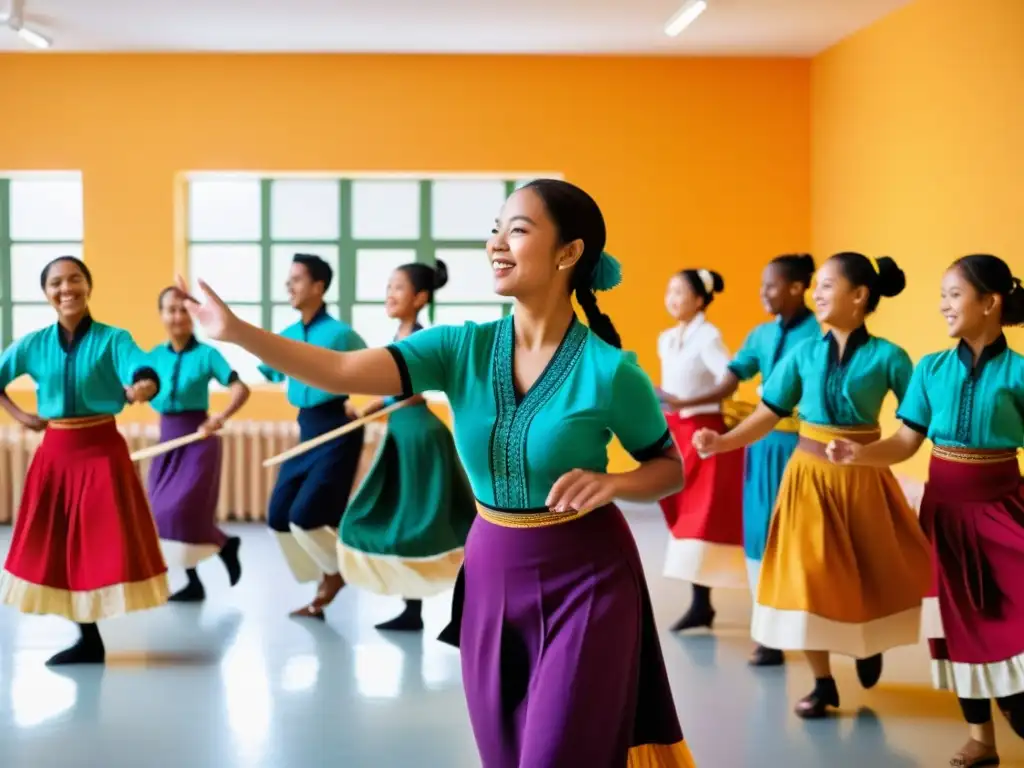 Grupo de estudiantes y su instructor practicando danzas folclóricas en un estudio colorido