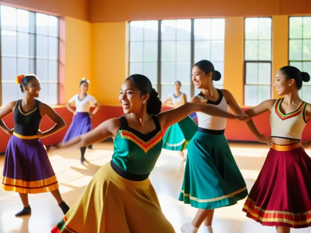 Un grupo de estudiantes internacionales aprendiendo danzas latinoamericanas en un estudio con mucha energía y alegría