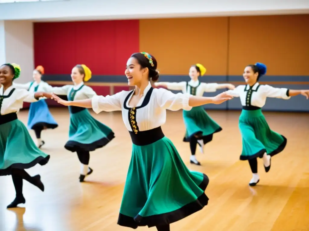 Grupo de estudiantes practicando la jota en el Curso de Danzas Europeas Tradicionales, irradiando alegría y determinación en el estudio de baile