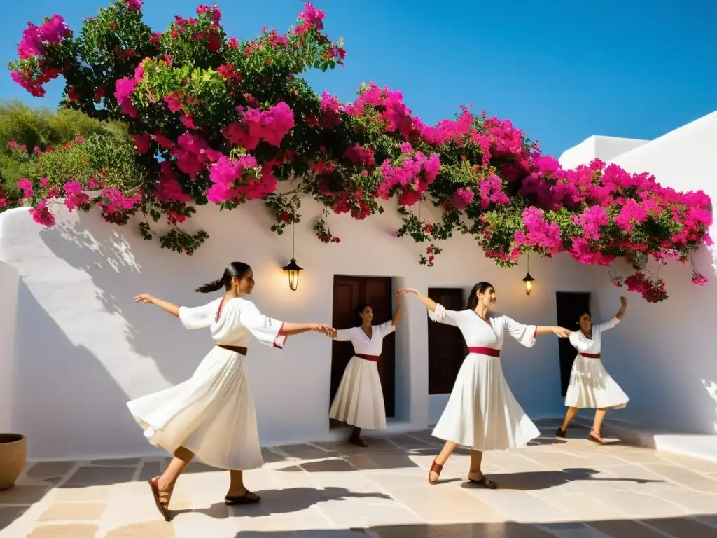 Grupo de estudiantes bailando Sirtaki en un patio soleado con flores bougainvillea