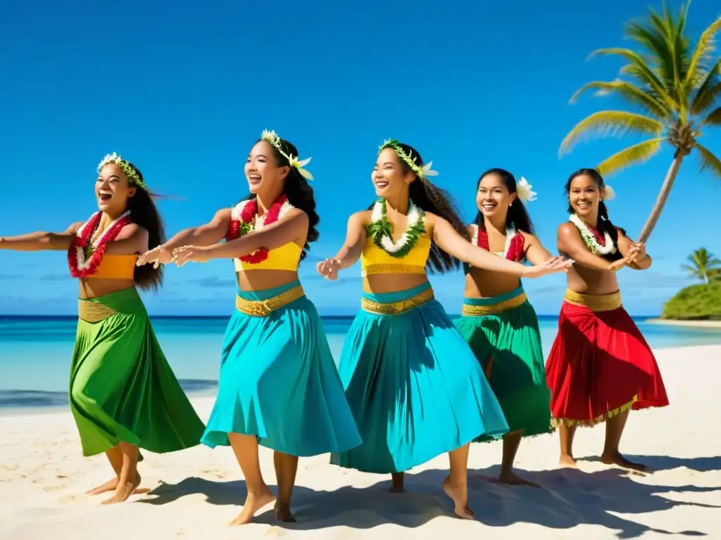 Grupo de estudiantes polinesios bailando hula en la playa con trajes tradicionales vibrantes