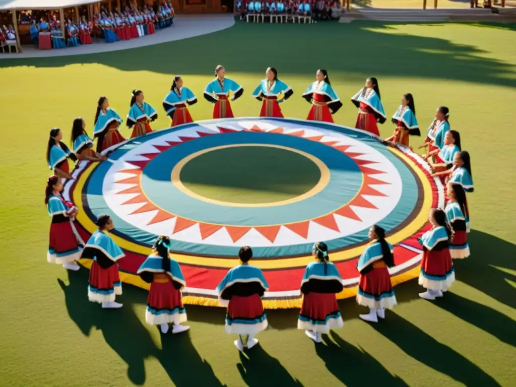 Un grupo de estudiantes en regalia tradicional nativa americana bailando en círculo al aire libre