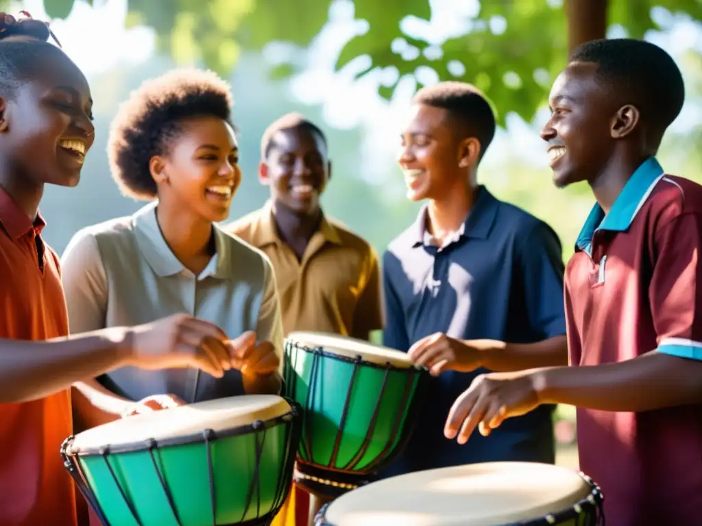 Un grupo de estudiantes toca tambores africanos con pasión y enfoque, entre la luz filtrada y la naturaleza