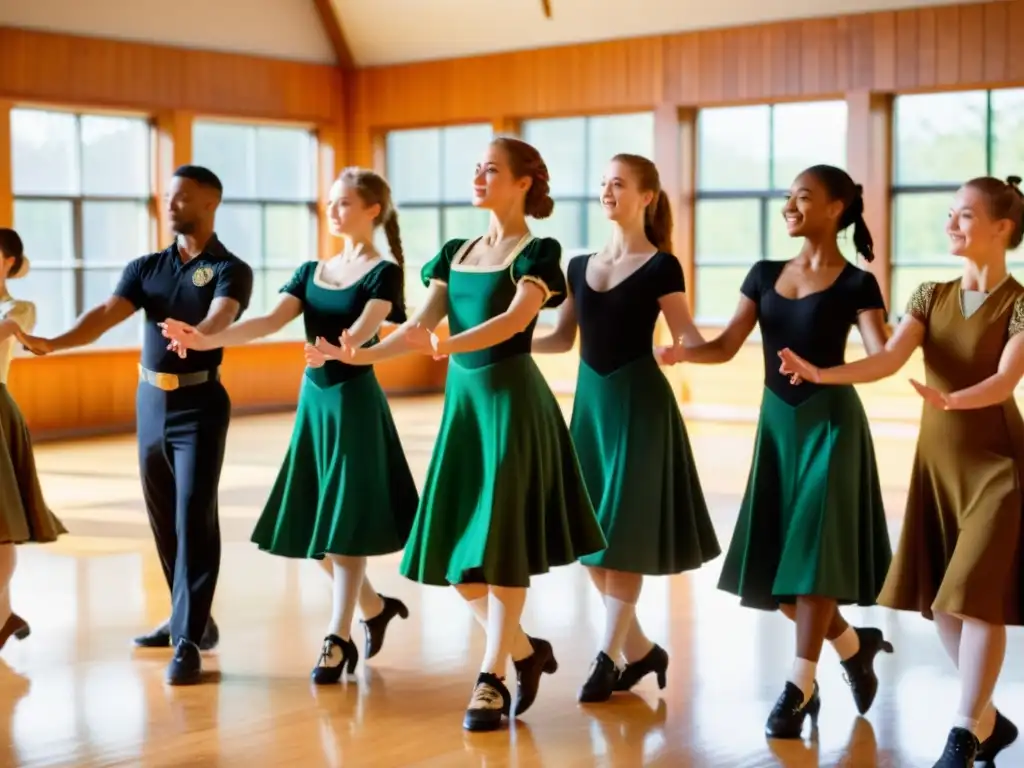 Grupo de estudiantes practicando la técnica exclusiva de Irish Step Dance en un salón lleno de historia y tradición, bajo la cálida luz natural