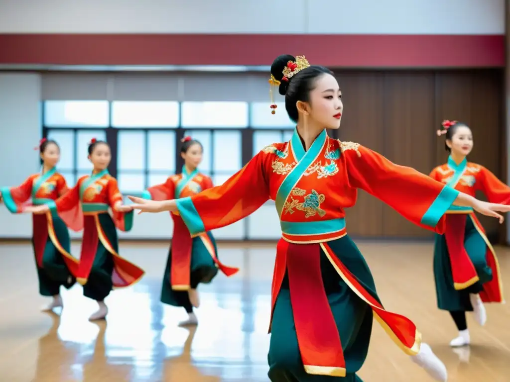 Grupo de estudiantes con trajes de danza chinos tradicionales, realizando una elegante rutina de danza en un estudio adornado, capturando la esencia de la elegancia y tradición de las danzas chinas tradicionales elegancia oriental