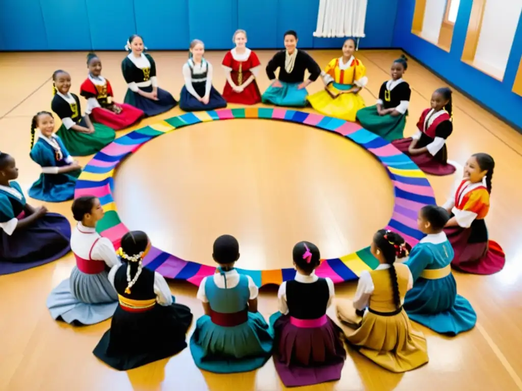 Grupo de estudiantes en trajes folclóricos aprendiendo danzas tradicionales con Apps educativas danzas folclóricas tradicionales