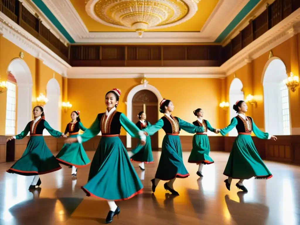 Un grupo de estudiantes vistiendo trajes tradicionales danzan en un salón ornado, conectando con el significado cultural de las danzas tradicionales