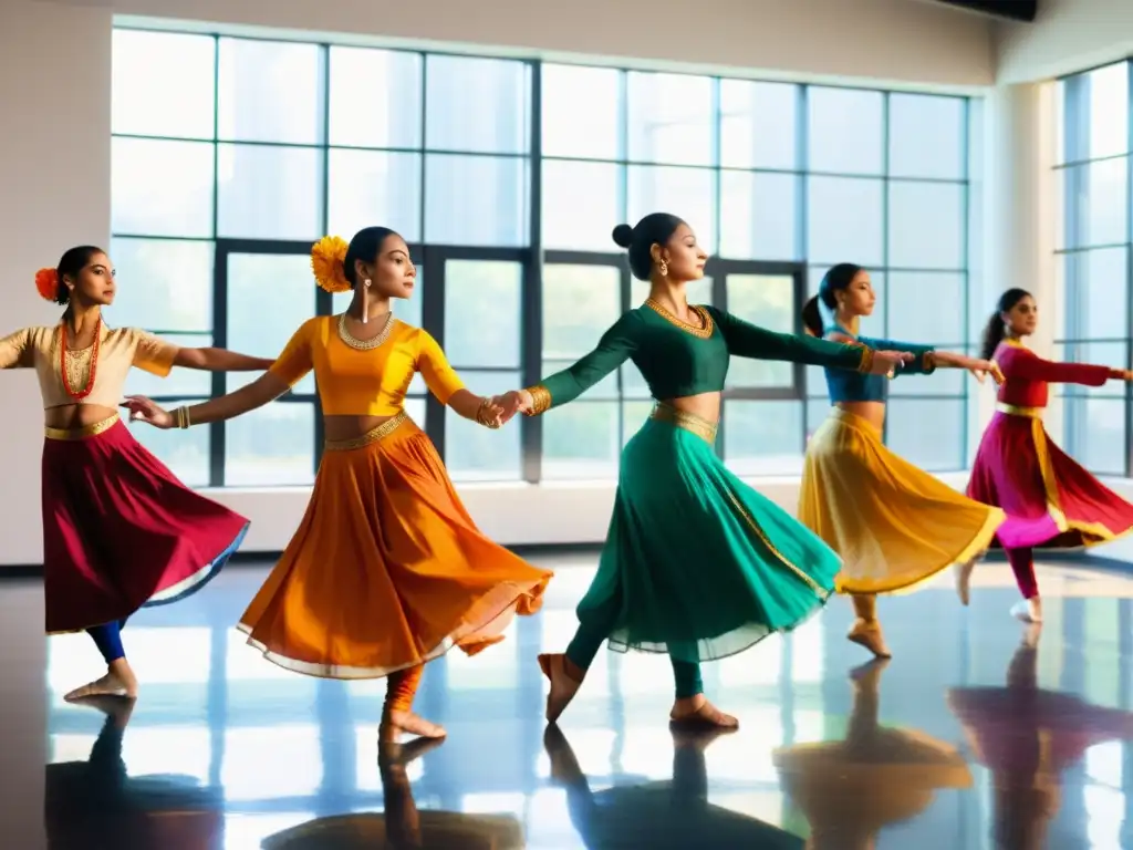 Grupo de estudiantes en trajes tradicionales de la India, bailando con gracia en un estudio moderno