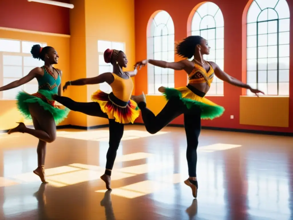 Un grupo de estudiantes vistiendo trajes vibrantes de danza africana saltan y giran con pasión en un estudio de danza