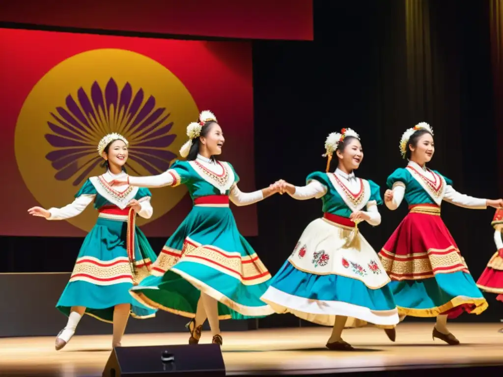 Grupo de estudiantes universitarios danzando con trajes tradicionales en un escenario