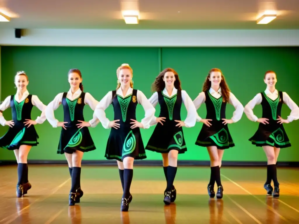 Un grupo de expertos instructores de danzas irlandesas, vistiendo trajes tradicionales, ejecutan pasos precisos al ritmo de la música celta