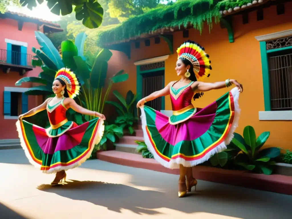 Grupo exuberante de bailarines latinoamericanos en trajes vibrantes y movimientos elegantes, expresando el impacto social de las danzas tradicionales en Latinoamérica