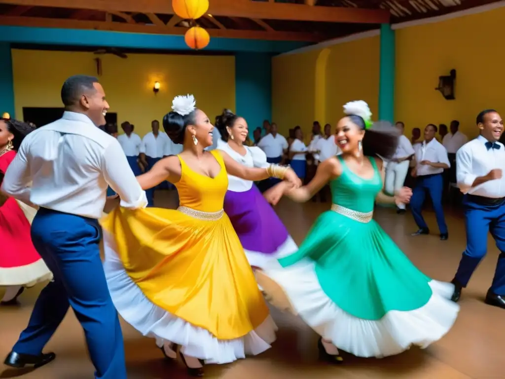 Un grupo exuberante de bailarines disfruta del ritmo alegre del merengue, con trajes coloridos mientras celebran la cultura dominicana