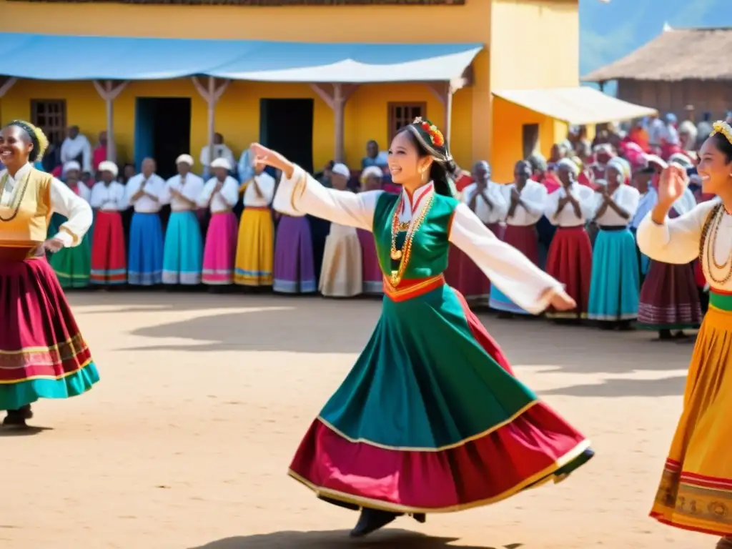 Grupo bailando en festival cultural, colores vibrantes y tradición