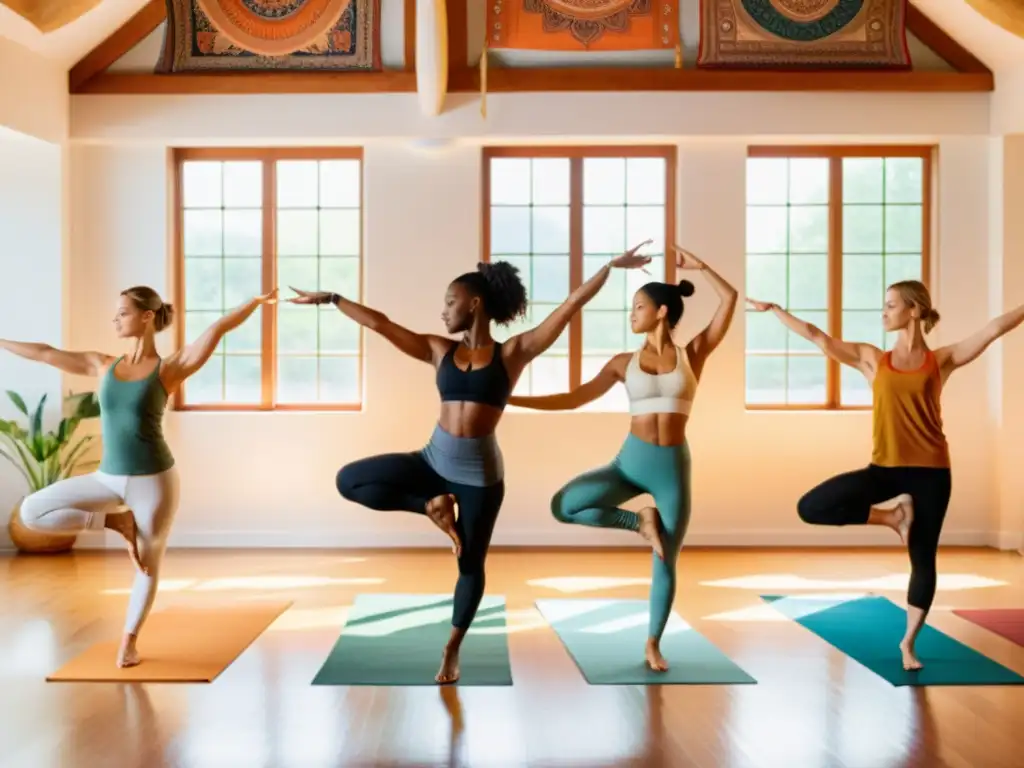 Grupo en fusión de yoga y danza, expresando armonía y significado cultural en un estudio sereno y luminoso