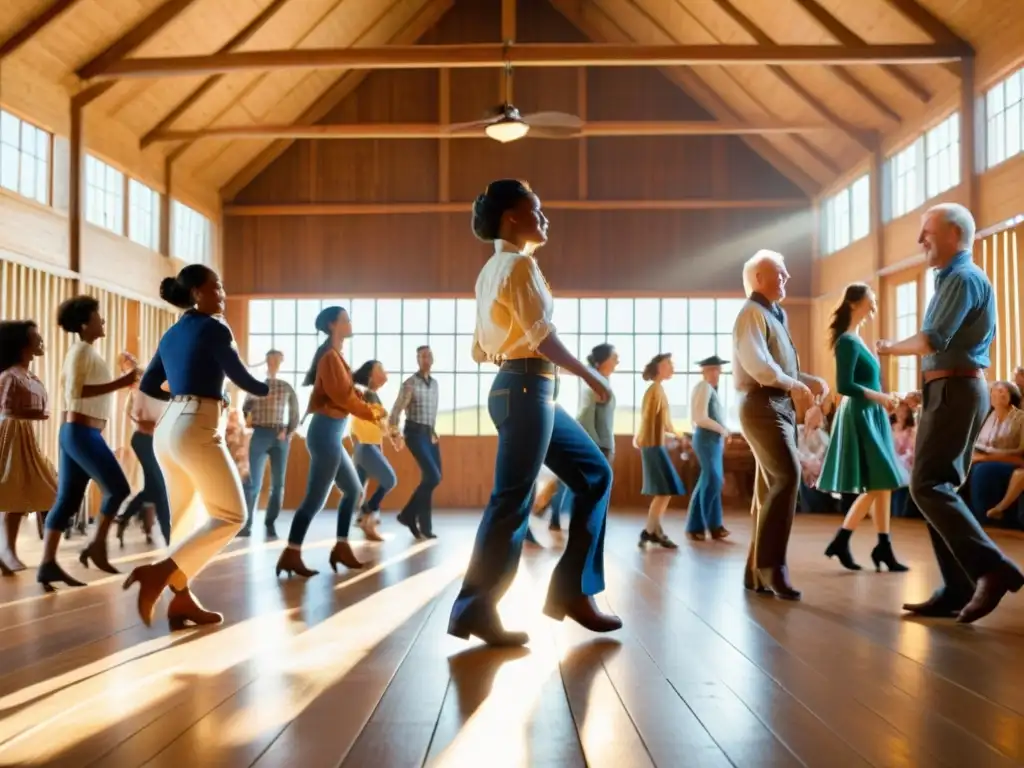 Grupo bailando en un granero rústico con camaradería y alegría