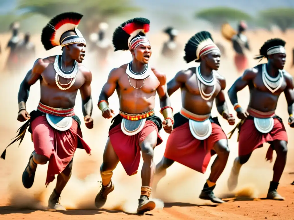 Grupo de guerreros africanos realizando una danza guerrera sincronizada en la sabana, con significado cultural danzas guerreras africanas