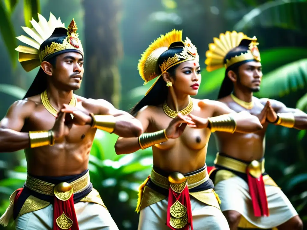 Grupo de guerreros balineses en trajes tradicionales practicando la danza Baris, rodeados de exuberante vegetación tropical