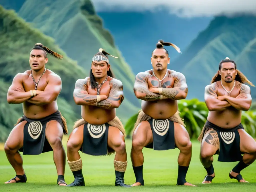 Grupo de guerreros Maoríes ejecutando la danza Haka, con expresiones fieras y movimientos poderosos