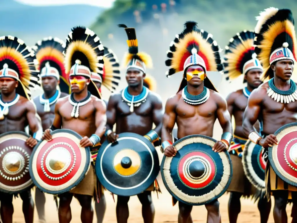 Un grupo de guerreros Zulú realizando una danza de guerra tradicional, con vestimenta colorida y símbolos culturales en sus escudos y armas