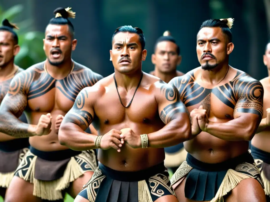 Grupo de guerreros Maoríes realizando la danza Haka, expresando el significado cultural y la fuerza ancestral de la tradición guerrera Maorí