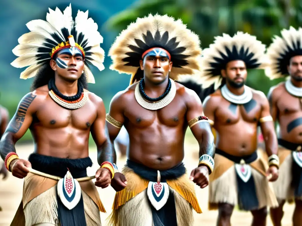 Un grupo de guerreros y deidades fijianos realizan la Danza tradicional Meke de Fiji, con trajes coloridos y expresiones intensas