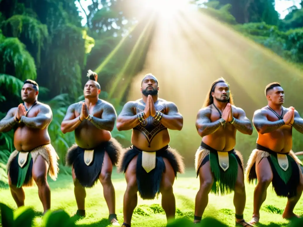 Grupo de guerreros Maoríes ejecutando el Haka en el bosque