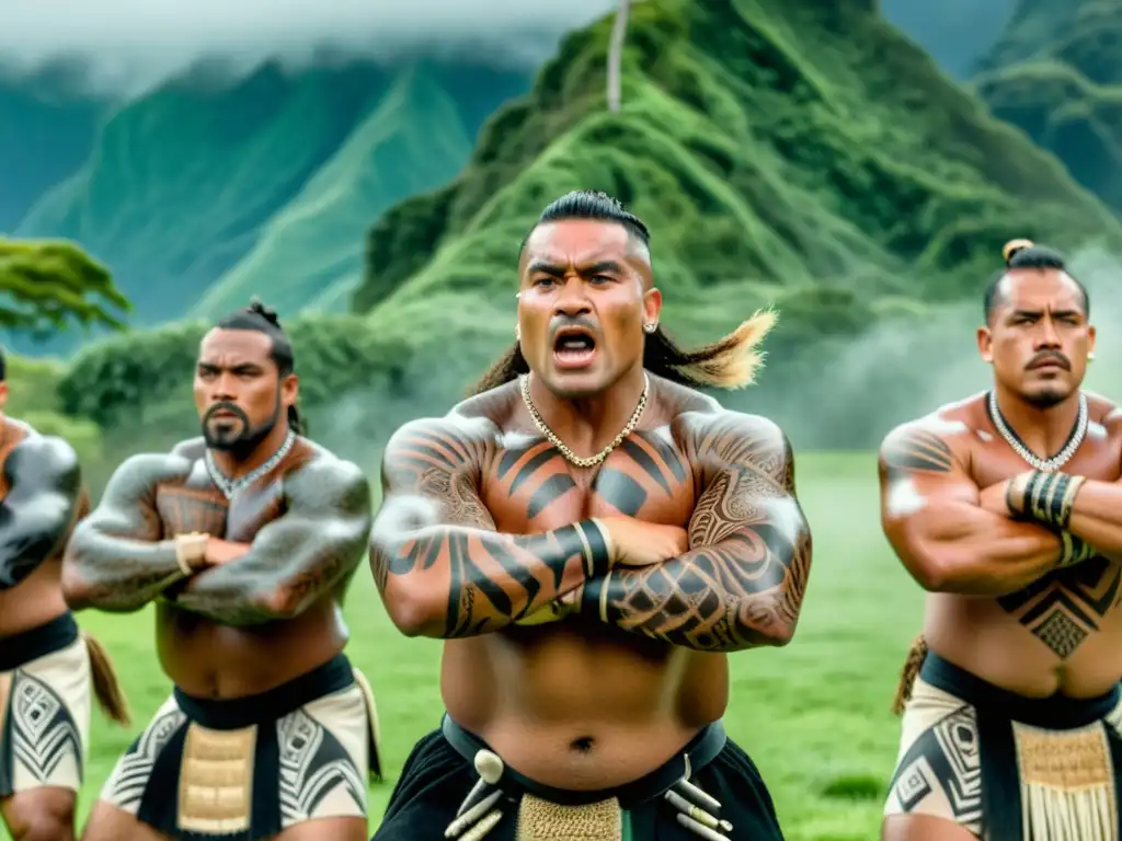 Grupo de guerreros maoríes realizando el Haka, con expresiones ferozmente contorsionadas, tatuajes tradicionales y atuendos