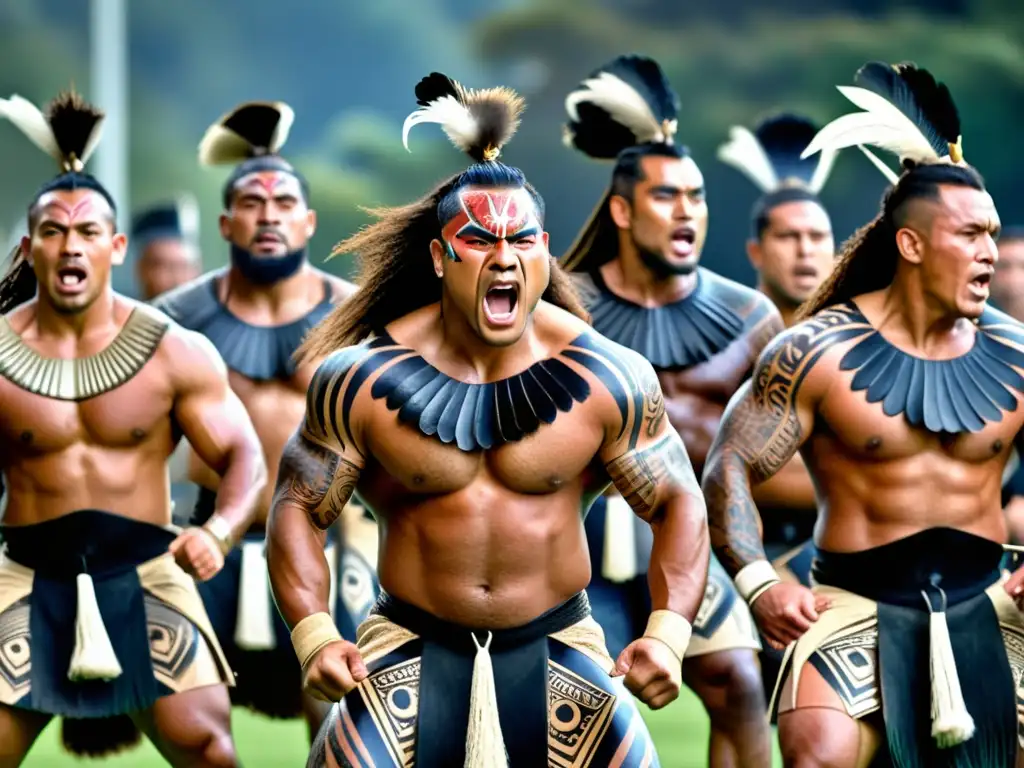 Grupo de guerreros maoríes ejecutando el Haka con intensidad, demostrando su significado cultural