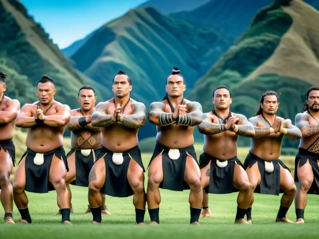 Grupo de guerreros Maoríes realizando la Haka en Nueva Zelanda, exhibiendo fuerza y orgullo en sus expresiones faciales y movimientos poderosos, rodeados de montañas verdes y cielo azul claro