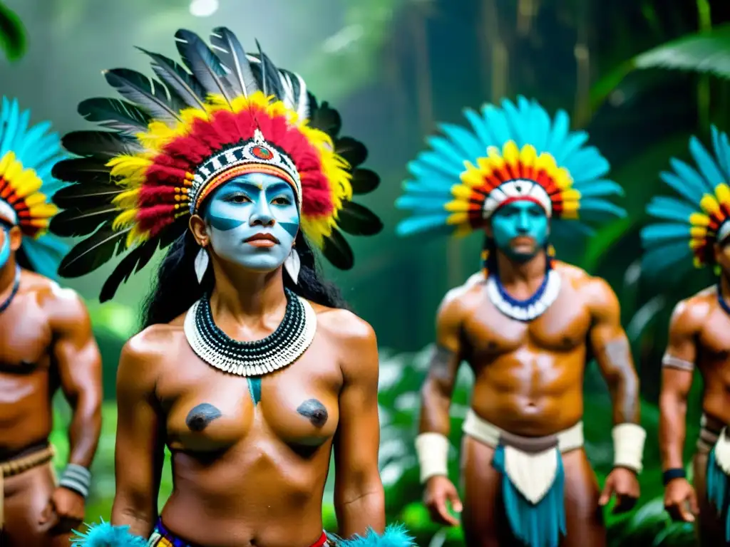 Un grupo de guerreros indígenas realiza una danza ritual de guerra y paz en la exuberante selva amazónica