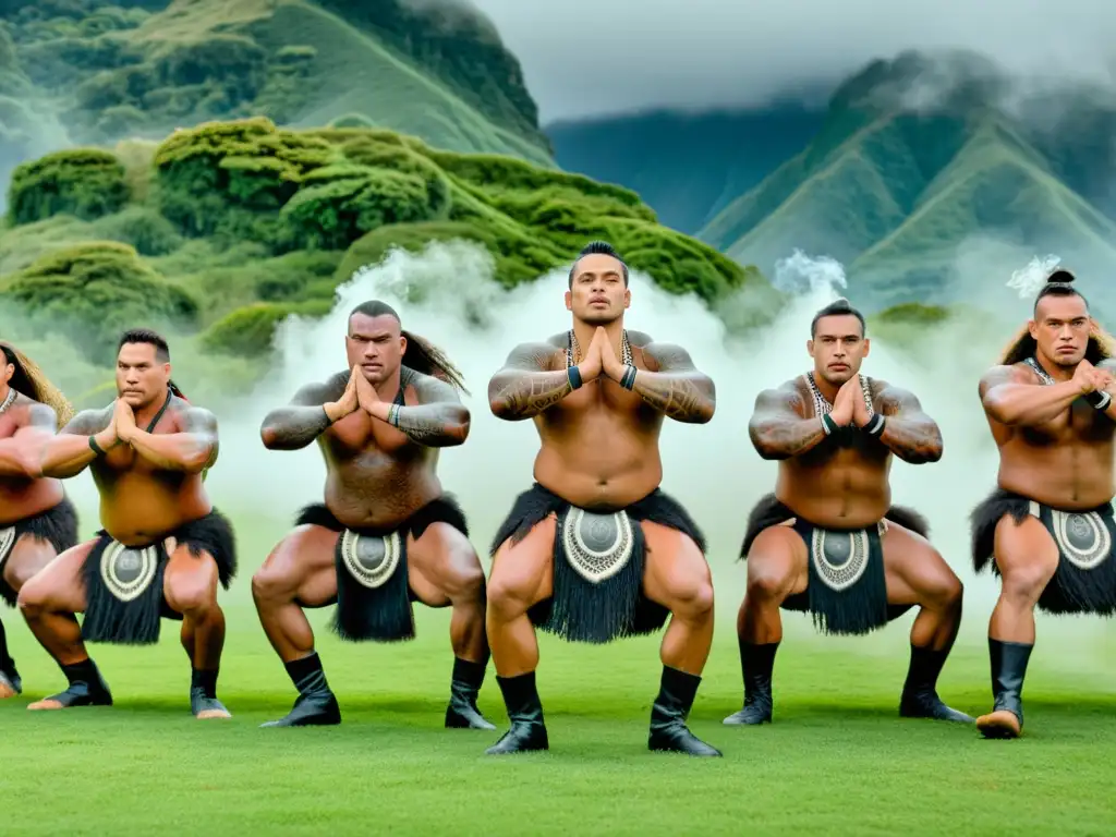 Grupo de guerreros Maoríes ejecutando la intensa danza Haka, mostrando orgullo cultural y tradición guerrera Maorí