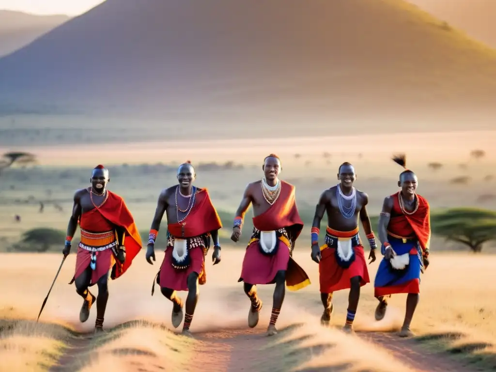 Grupo de guerreros Maasai danzando Adumu al atardecer, con colores vibrantes y paisaje impactante