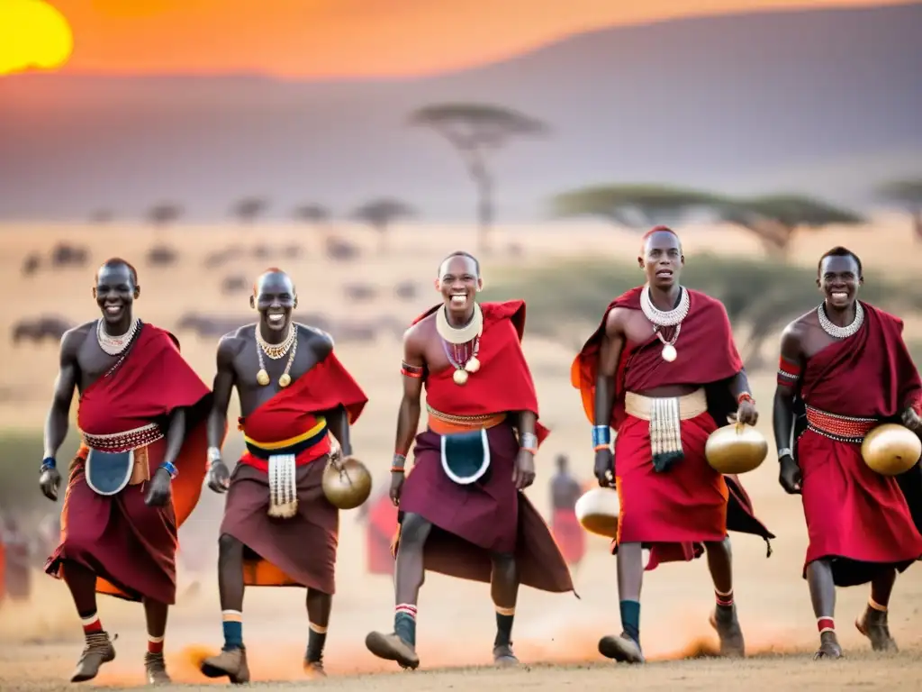 Grupo de guerreros Maasai danzando al atardecer en la sabana africana, mostrando el significado cultural de su danza guerrera