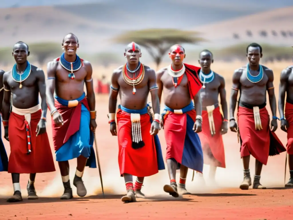 Grupo de guerreros Maasai en atuendo tradicional realizando una danza ritual con vestimenta vibrante y significado cultural en la sabana africana