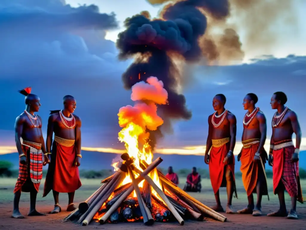 Grupo de guerreros Maasai realizando la danza Adumu alrededor de una fogata al anochecer, con colores vibrantes y significado cultural Maasai