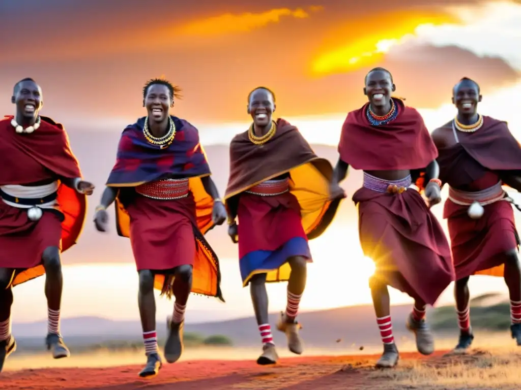 Grupo de guerreros Maasai en danza Adumu, con shukas rojas vibrantes y atuendos de cuentas, bajo el cálido atardecer en la sabana