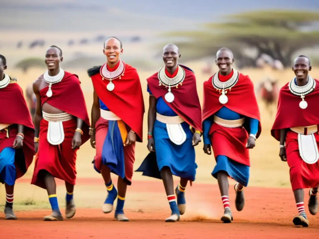 Grupo de guerreros Maasai danzando Adumu en la sabana dorada, expresando el significado cultural de la danza Maasai