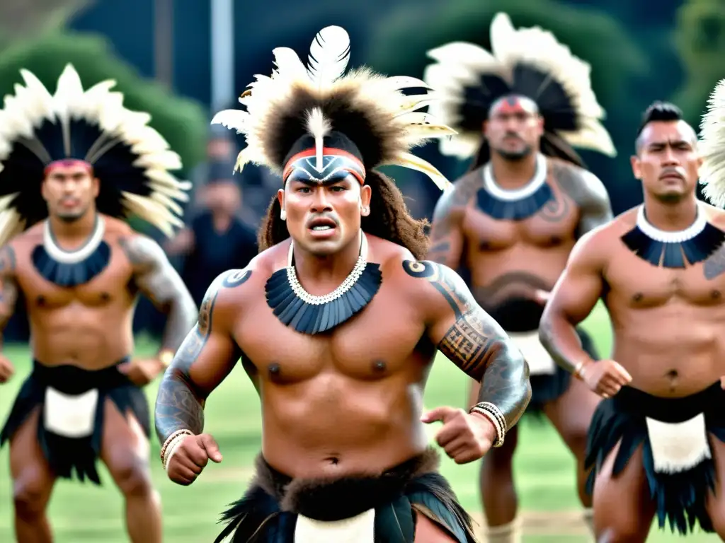 Un grupo de guerreros Maoríes realiza la Danza de los Guerreros Maoríes, exhibiendo fuerza y orgullo, mientras cautivan a la multitud