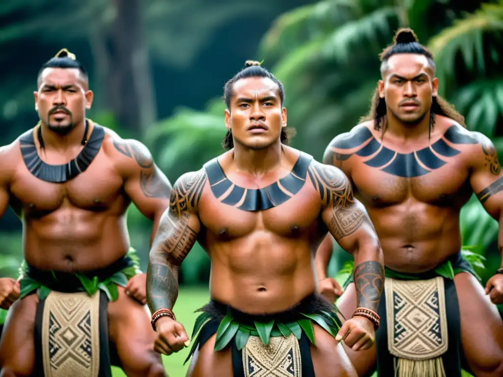 Grupo de guerreros Maoríes realiza la danza Haka con significado cultural, emanando fuerza y emoción ancestral