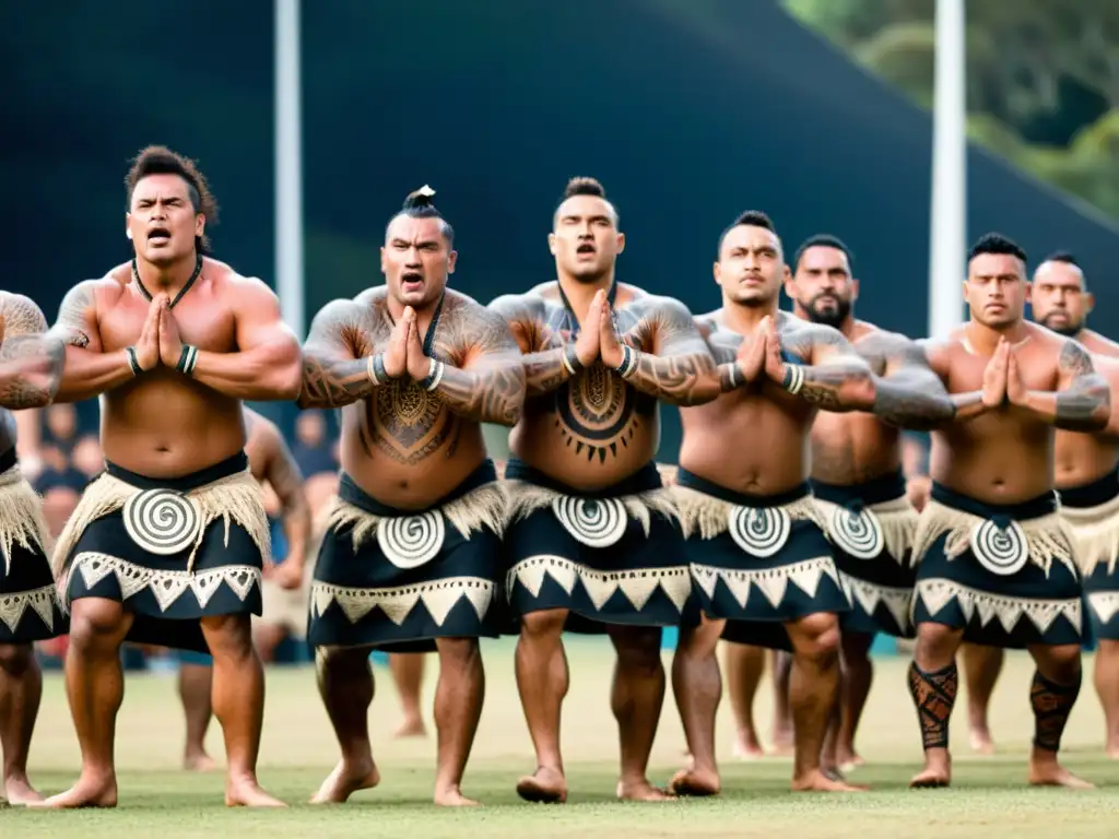 Un grupo de guerreros maoríes realiza el Haka, mostrando el significado cultural del Haka Maorí con fuerza y orgullo