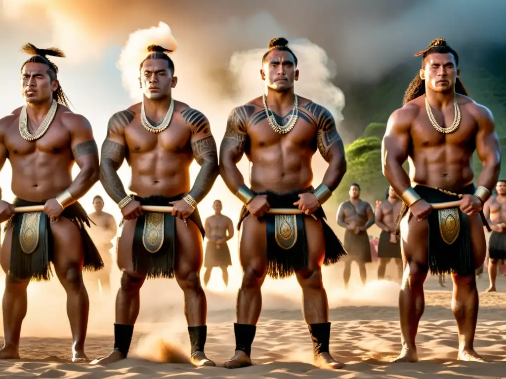 Un grupo de guerreros Maoríes realiza el Haka con intensidad y poder, destacando su significado cultural del Haka Maorí