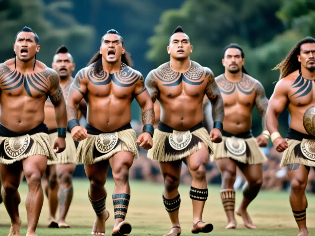 Un grupo de guerreros Maoríes ejecuta el Haka con intensidad y orgullo, destacando el significado cultural del Haka Maorí